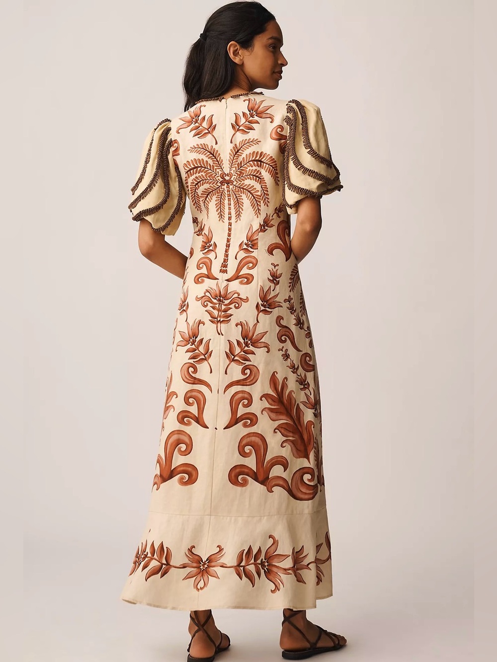 Farm Rio Ivory Brown Linen Beaded Puff Sleeve Milani Maxi Dress Size Large - Picture 11 of 11